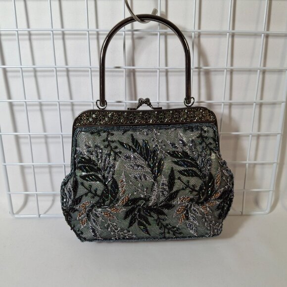 Vintage Small Tapestry Beaded Evening Purse Metal Top Handle, Crossbody Chain - Picture 5 of 16